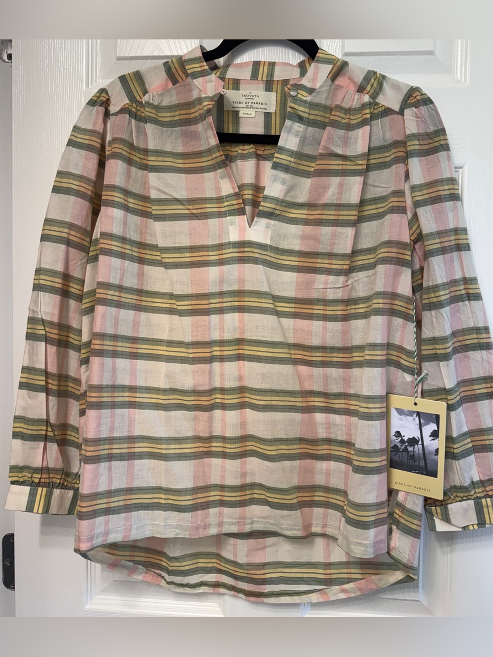 Women’s Pink & Green Plaid V-Neck Cotton Top